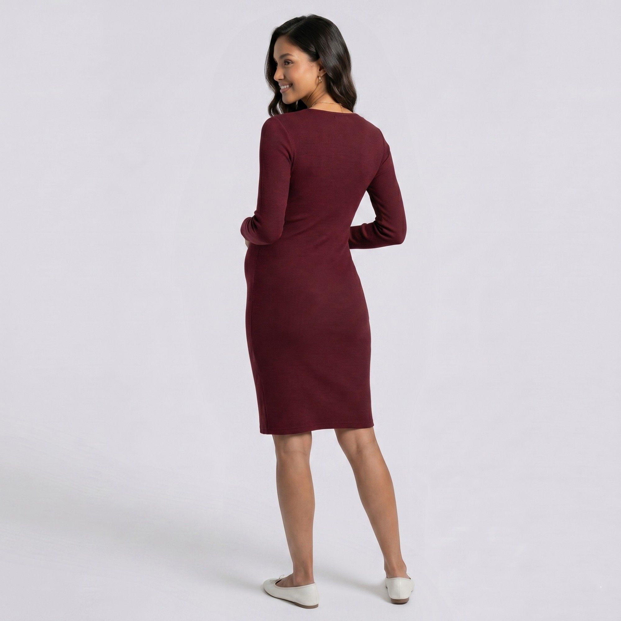 Anna-Kaci Women's Maternity Ribbed Long Sleeve Bodycon Dress with Front Twist Detail