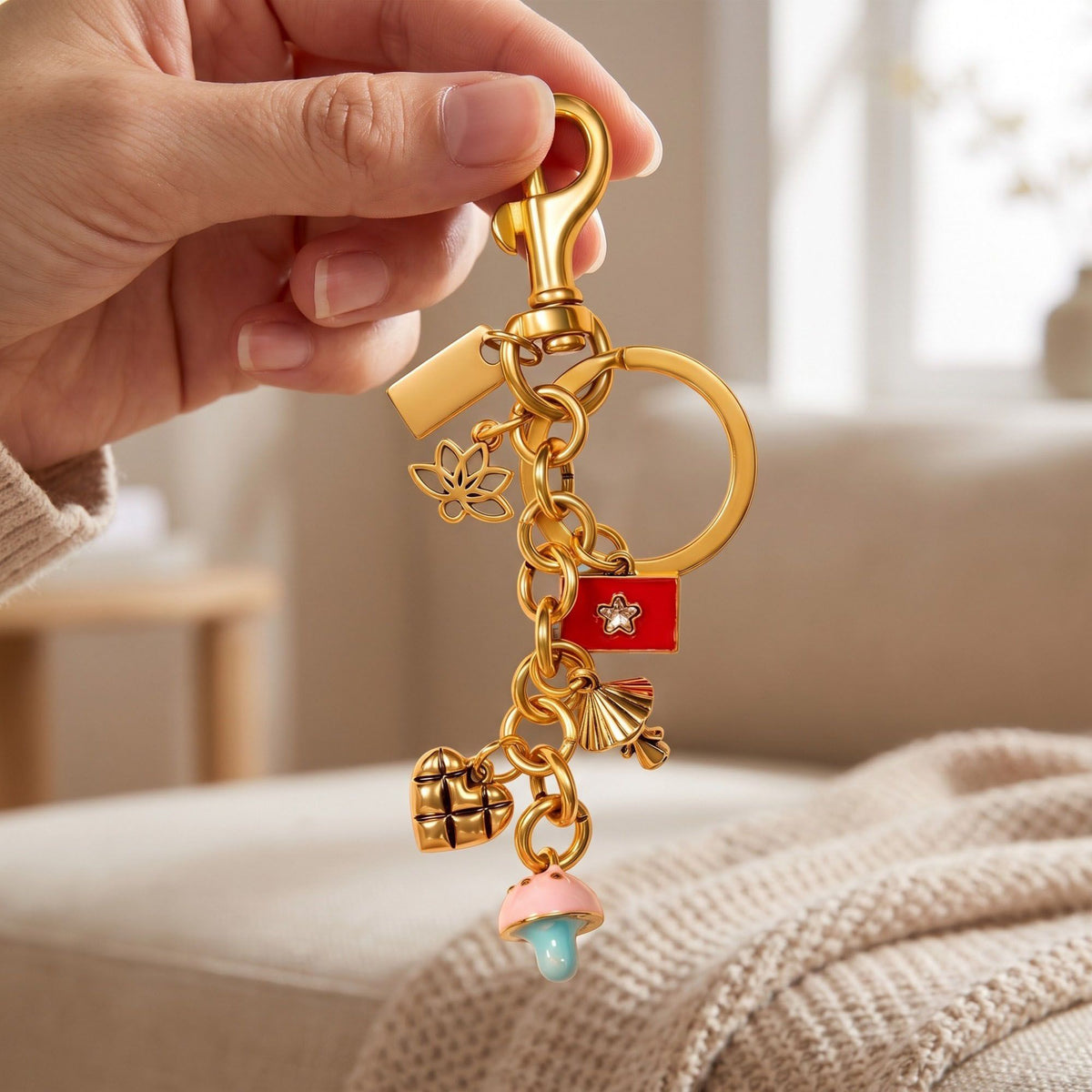 Mushroom Bag Charm Keychain with Heart and Mixed Pendants