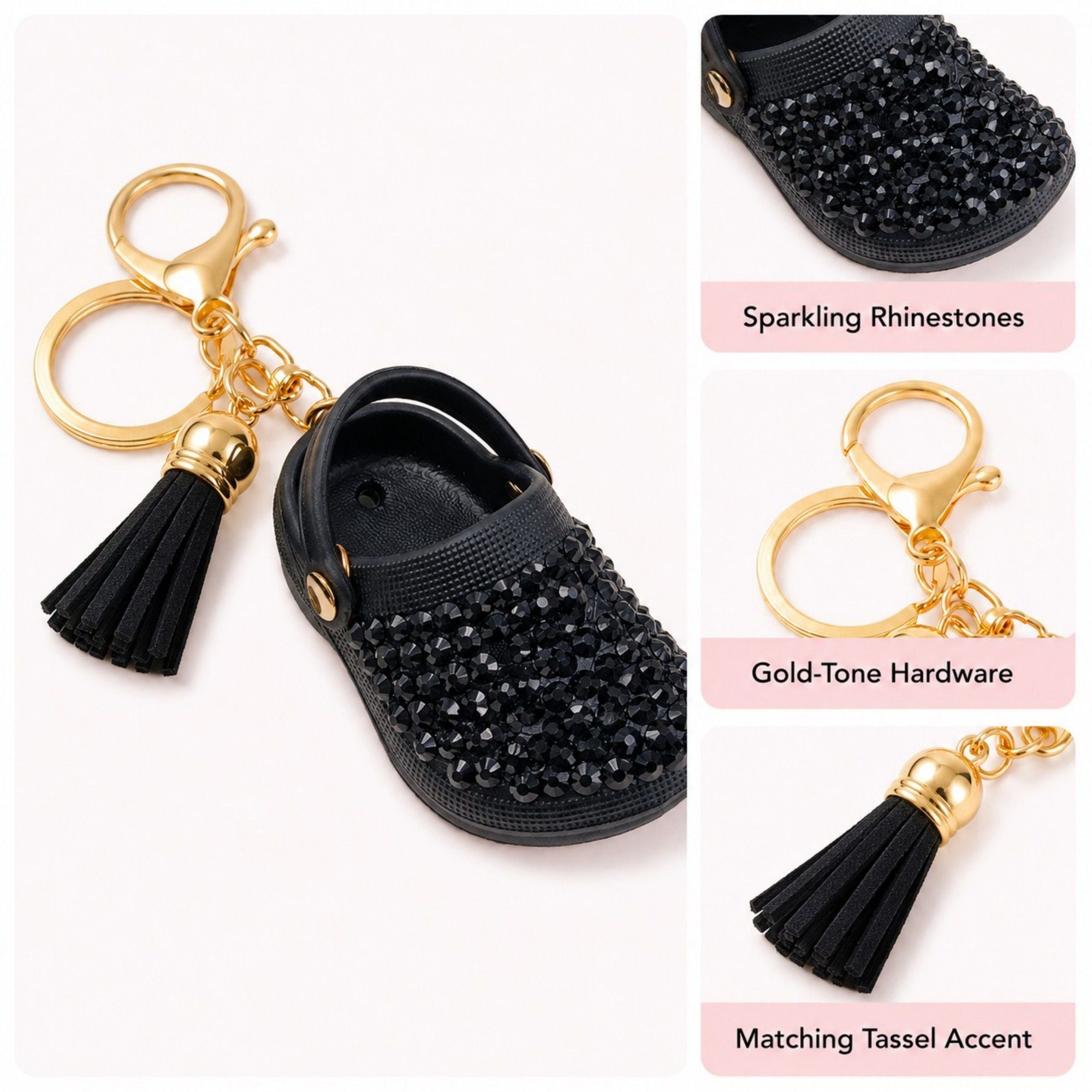 Rhinestone Mini Clog Keychain Bag Charm with Tassel Gold Tone Clip and Key Ring