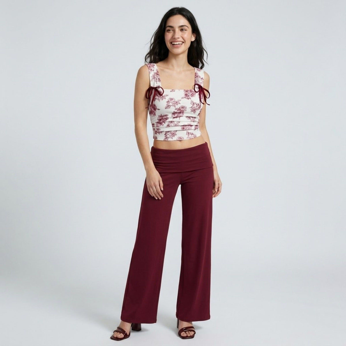 Foldover Waistband Full-Length Wide-Leg Trousers
