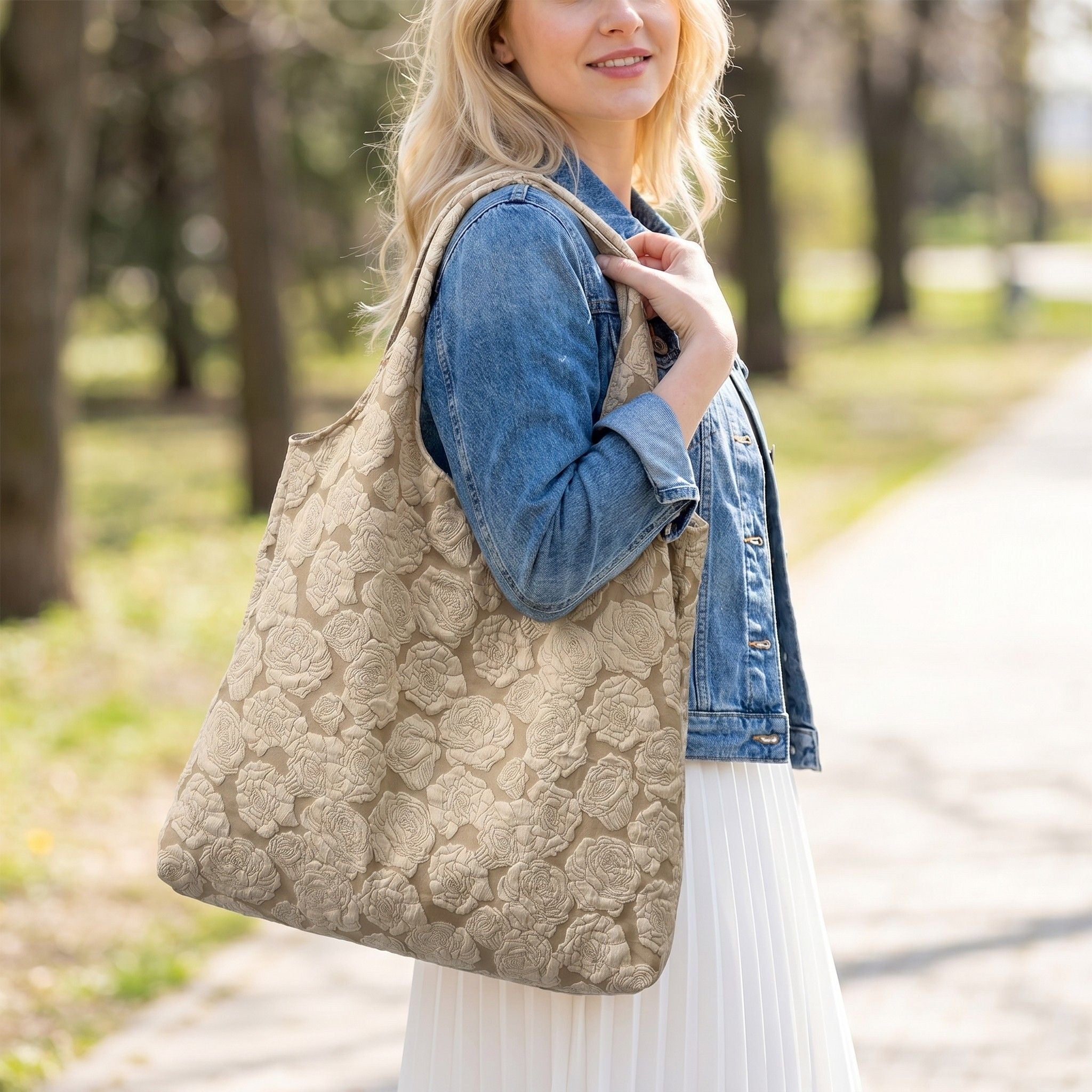 Floral Embossed Shoulder Tote Bag Soft Textured Lightweight Fabric Carryall Handbag