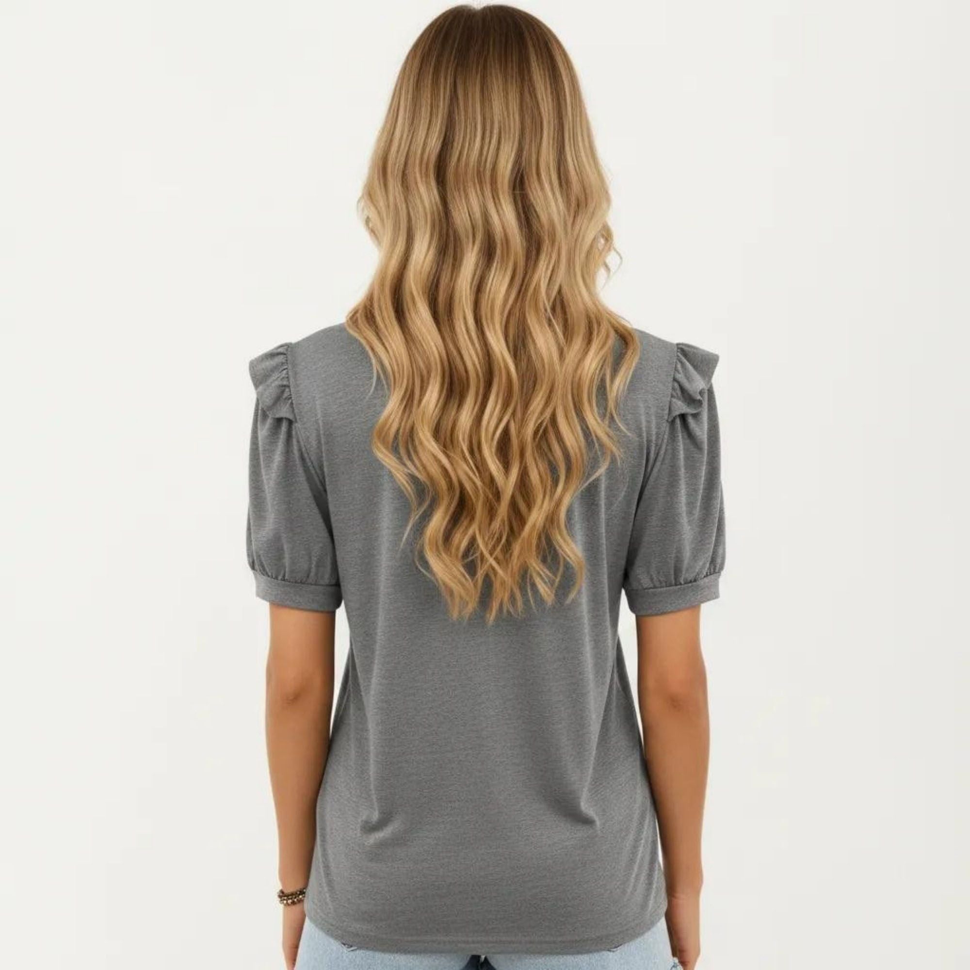 Anna-Kaci Women's Short Puff Sleeve Top with Scoop Neck Textured Knit Relaxed Fit Casual Shirt