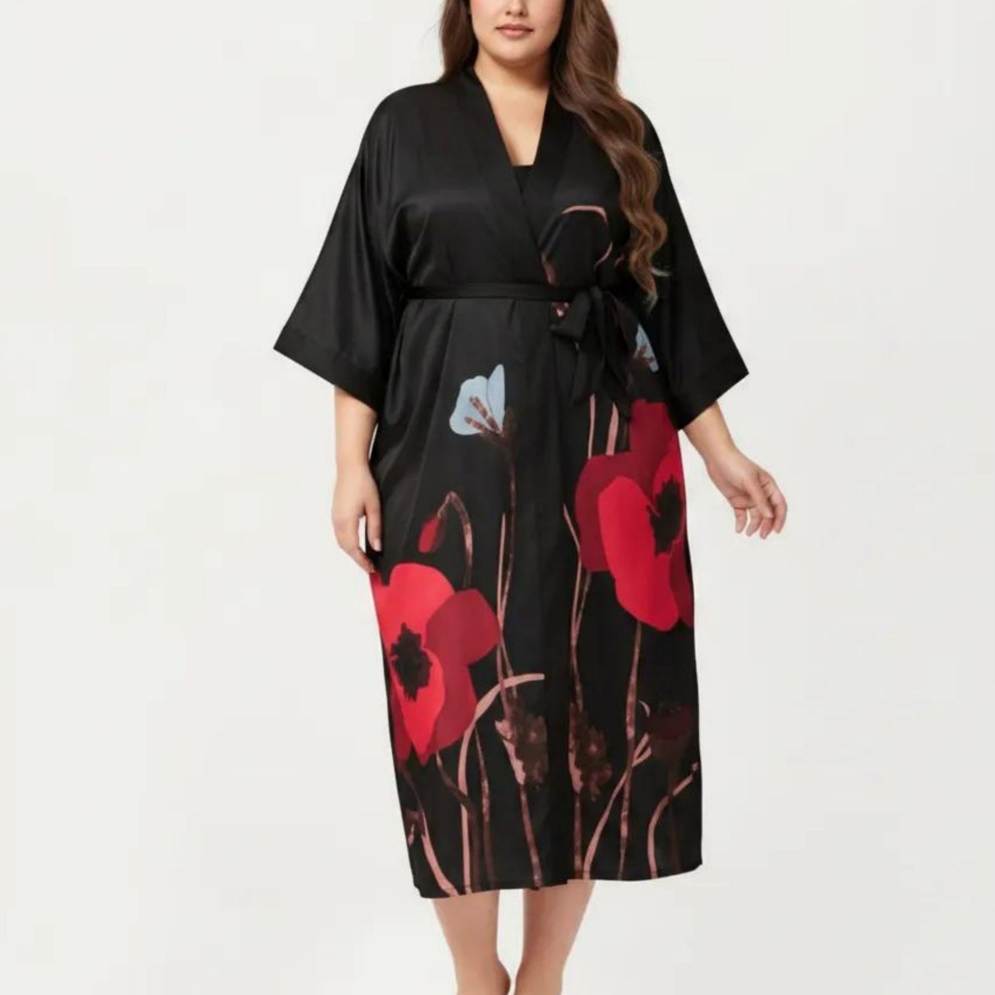 Anna-Kaci Lounge Women's Plus Size 2-Piece Floral Kimono Robe Set with Short Sleeve Open Front Longline Cover Up and Matching Inner Dress