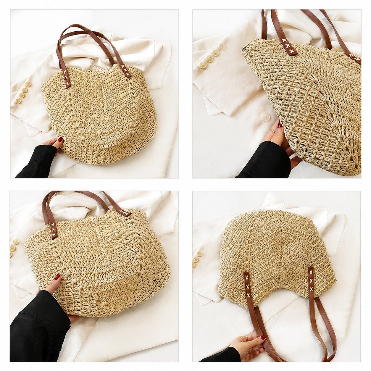 Woven Straw Tote Bag Large Capacity Shoulder Handbag Vacation Beach Everyday Carryall