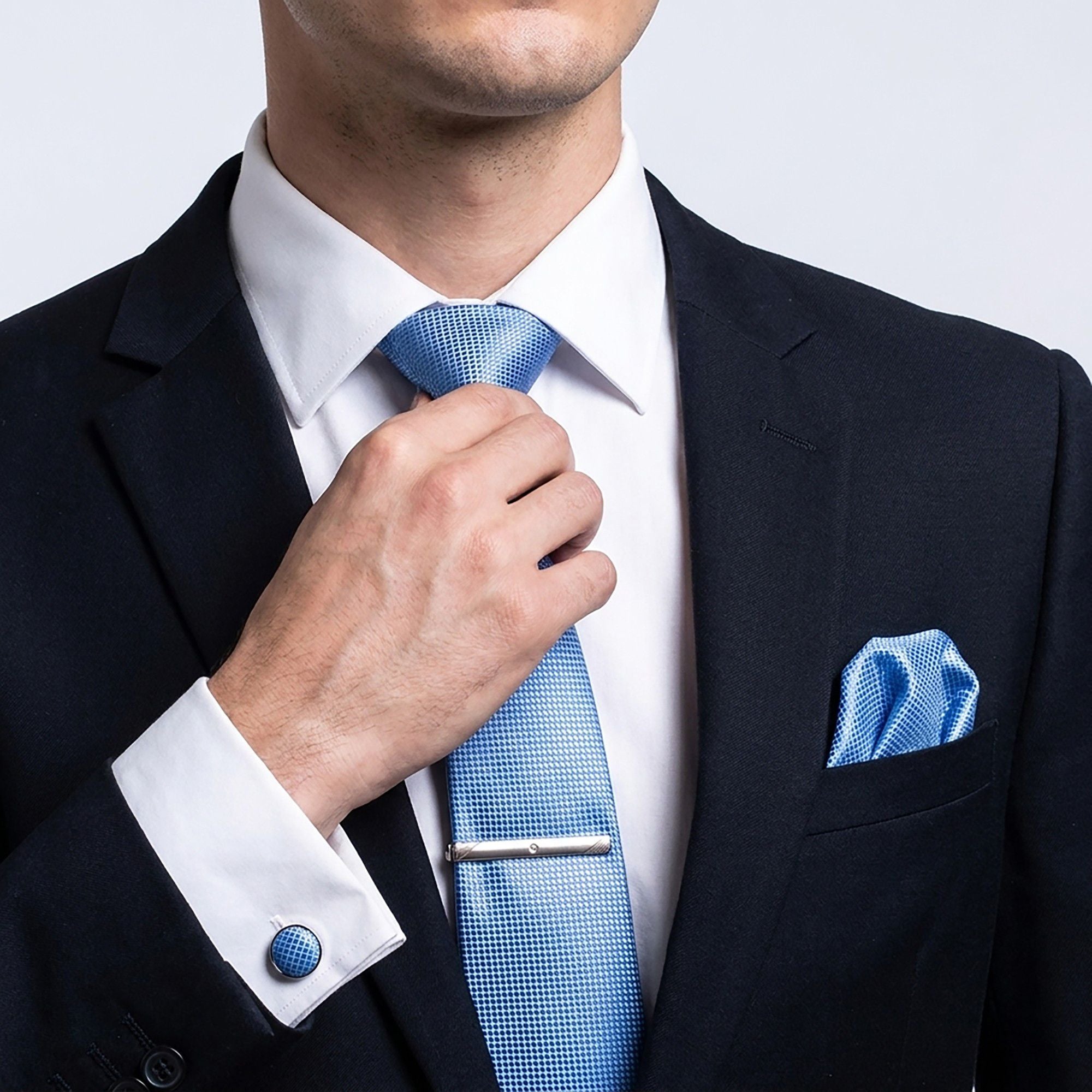 Men's Jacquard Woven Tie Set with Pocket Square Cufflinks and Tie Clip