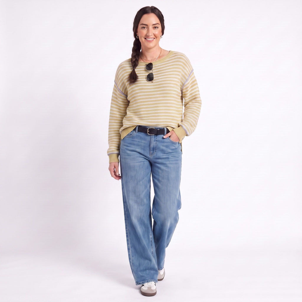 Striped Contrast Trim Drop Shoulder Long Sleeve Knit Sweater