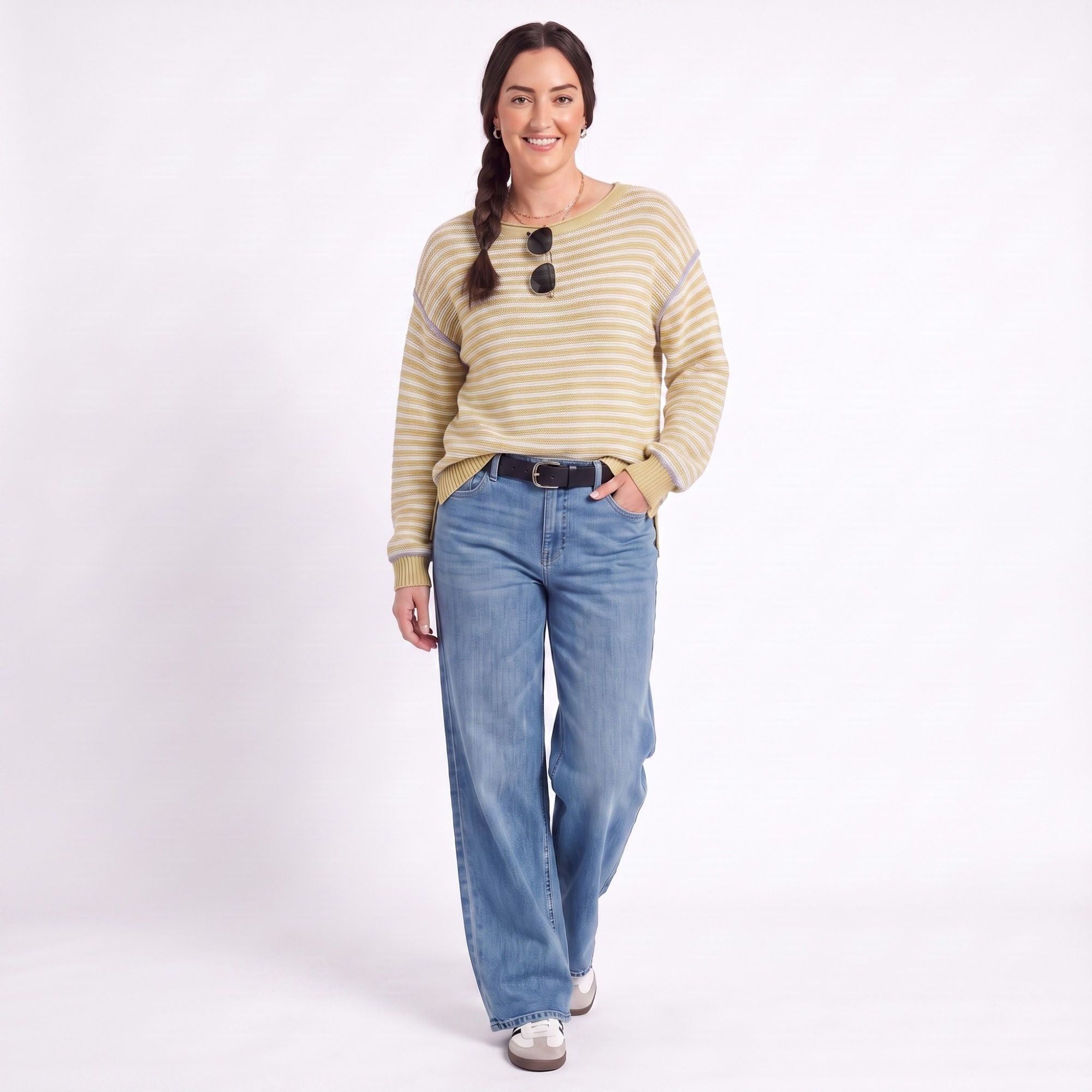 Striped Contrast Trim Drop Shoulder Long Sleeve Knit Sweater