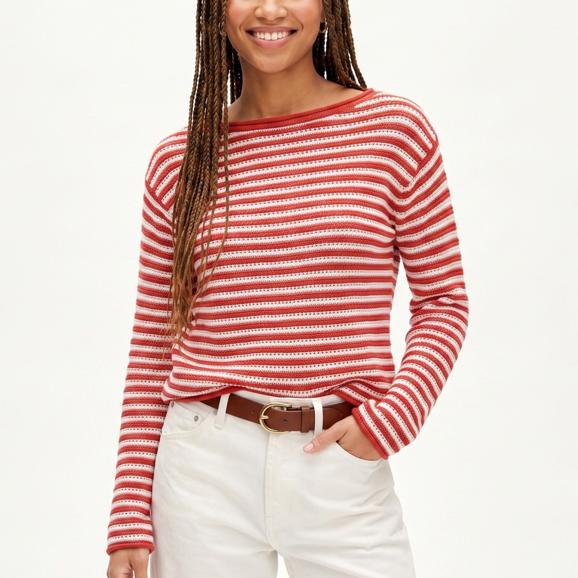 Striped Pointelle Knit Boat Neck Long Sleeve Sweater