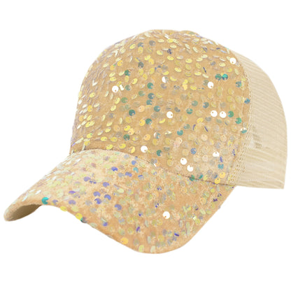 Anna-Kaci Women's Sparkly Sequin Baseball Cap Messy Low Bun Ponycap Velvet Mesh Trucker Hat