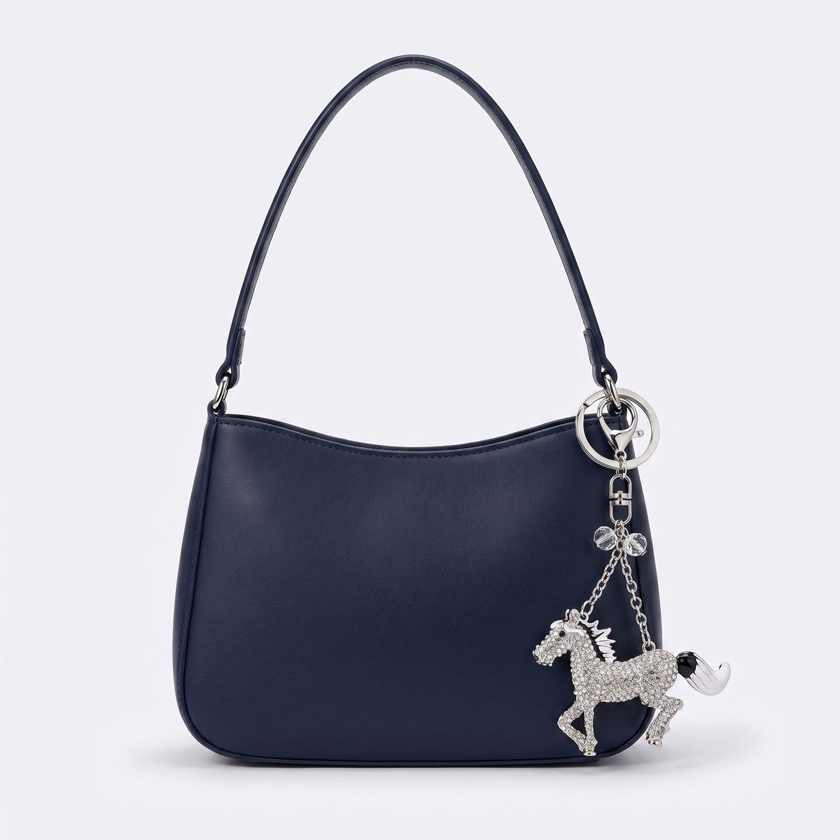 Horse Rhinestone Keychain Bag Charm with Silver Tone Clasp and Key Ring