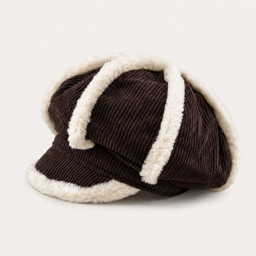 Corduroy Newsboy Cap Faux Fur Trim Baker Boy Hat Warm Casual Style