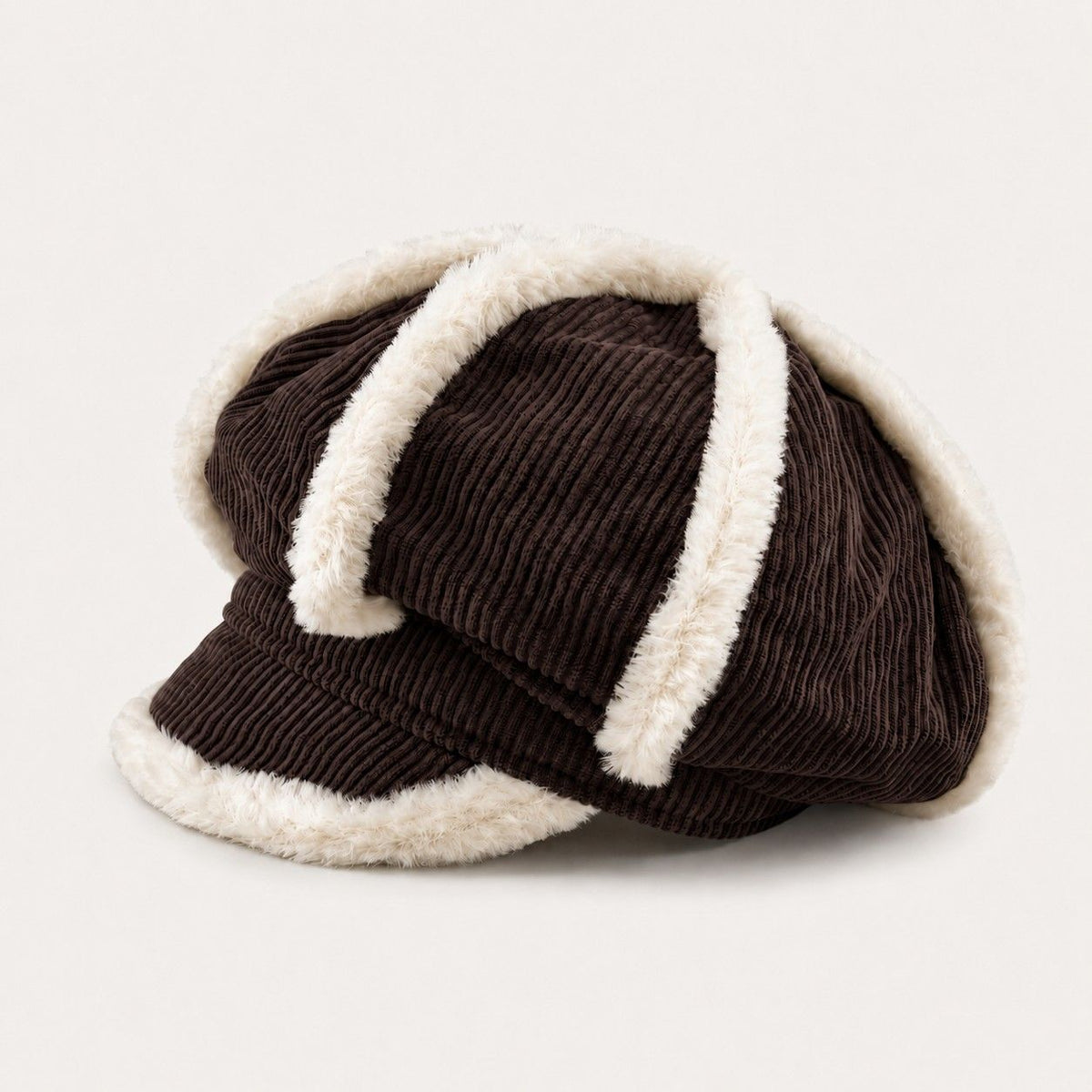 Corduroy Newsboy Cap Faux Fur Trim Baker Boy Hat Warm Casual Style