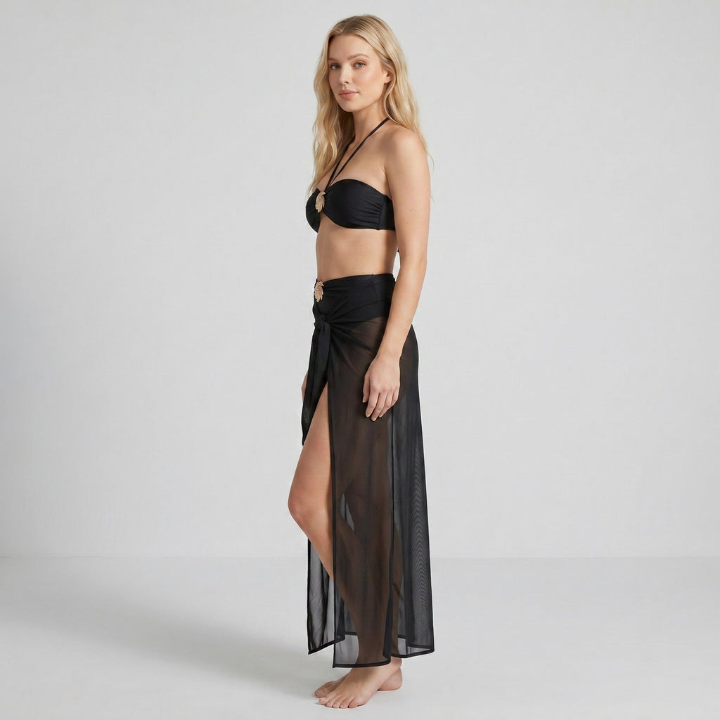 Anna-Kaci Swim Women's 3-Piece Bikini Set with Bandeau Halter Top High Waist Bottom and Sheer Wrap Skirt