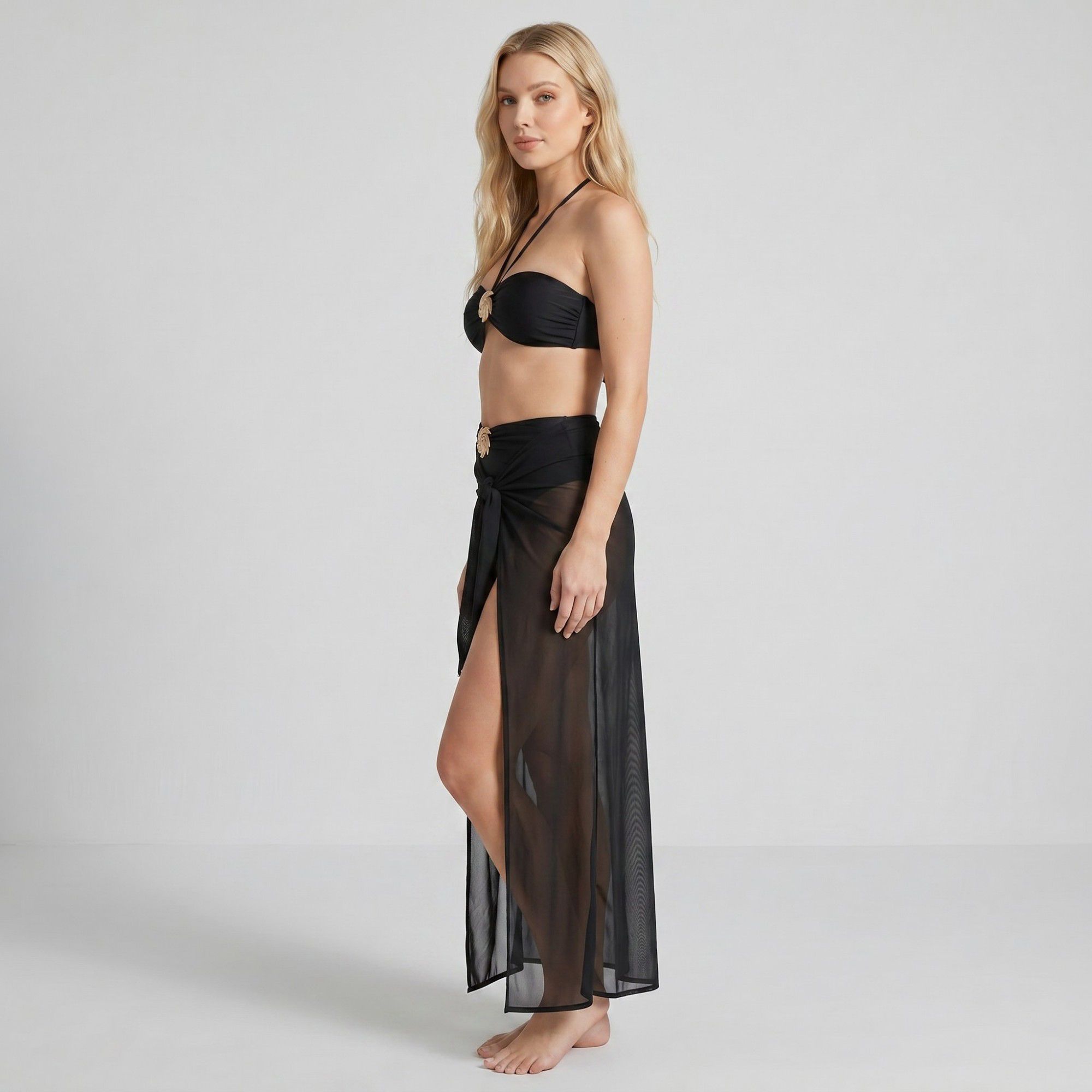 Anna-Kaci Swim Women's 3-Piece Bikini Set with Bandeau Halter Top High Waist Bottom and Sheer Wrap Skirt