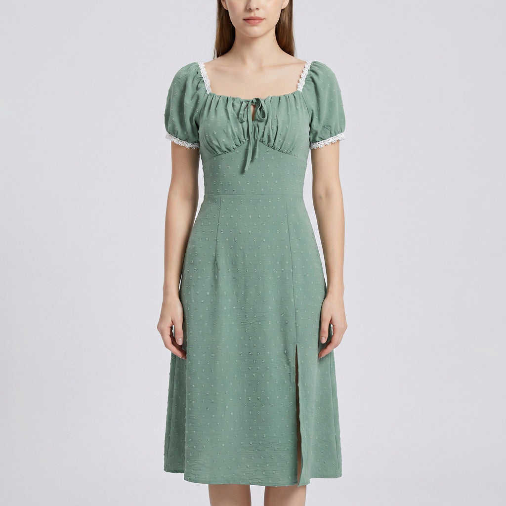 Swiss Dot Puff Sleeve Midi Dress with Lace Trim Square Neckline Tie Front Detail Front Slit and Fitted Bodice