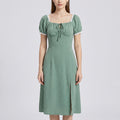 Swiss Dot Puff Sleeve Midi Dress with Lace Trim Square Neckline Tie Front Detail Front Slit and Fitted Bodice