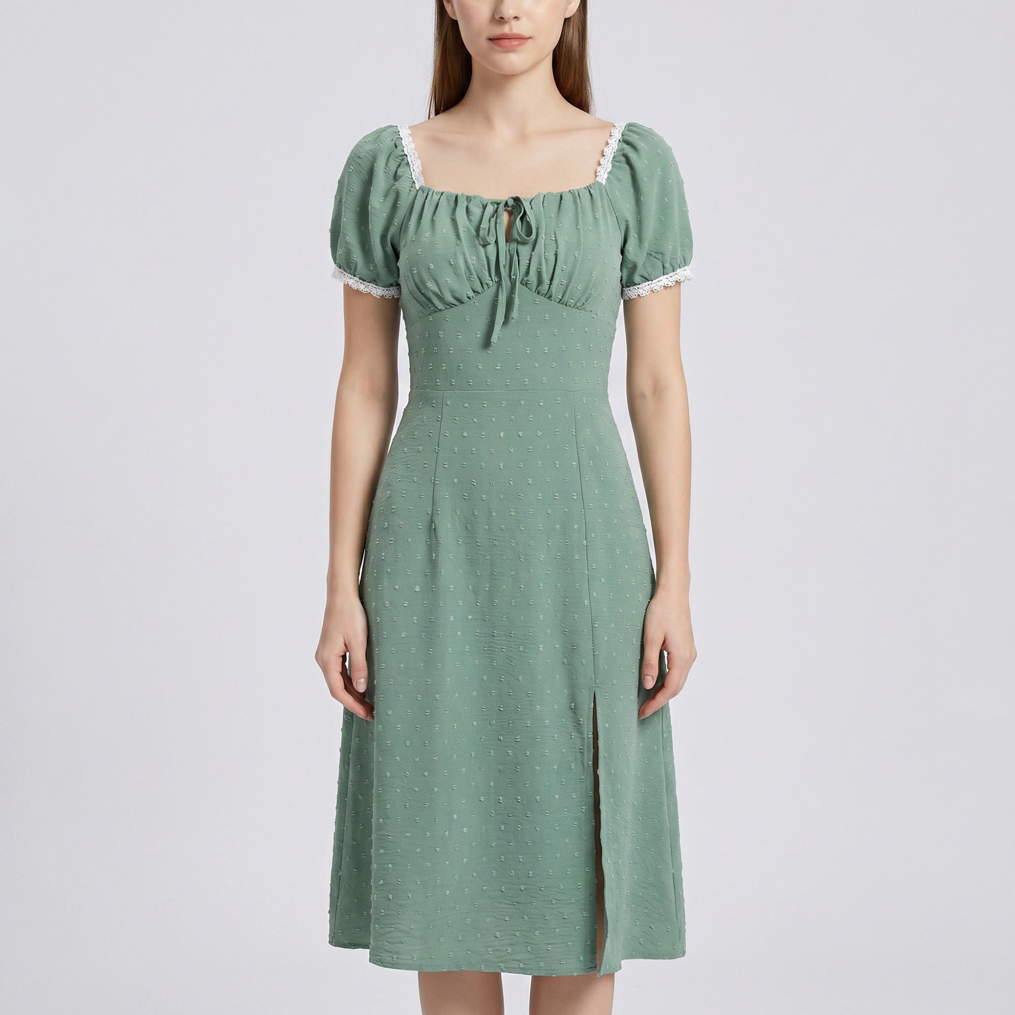 Swiss Dot Puff Sleeve Midi Dress with Lace Trim Square Neckline Tie Front Detail Front Slit and Fitted Bodice