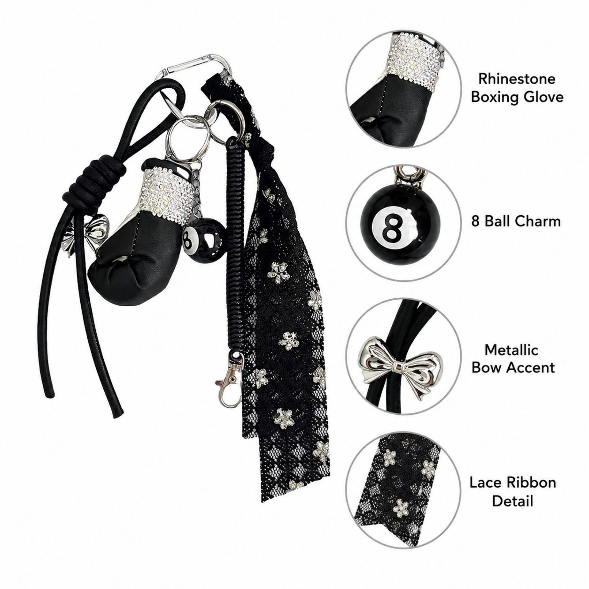 Boxing Glove Keychain Bag Charm with 8 Ball Accent Lace Ribbon and Clip