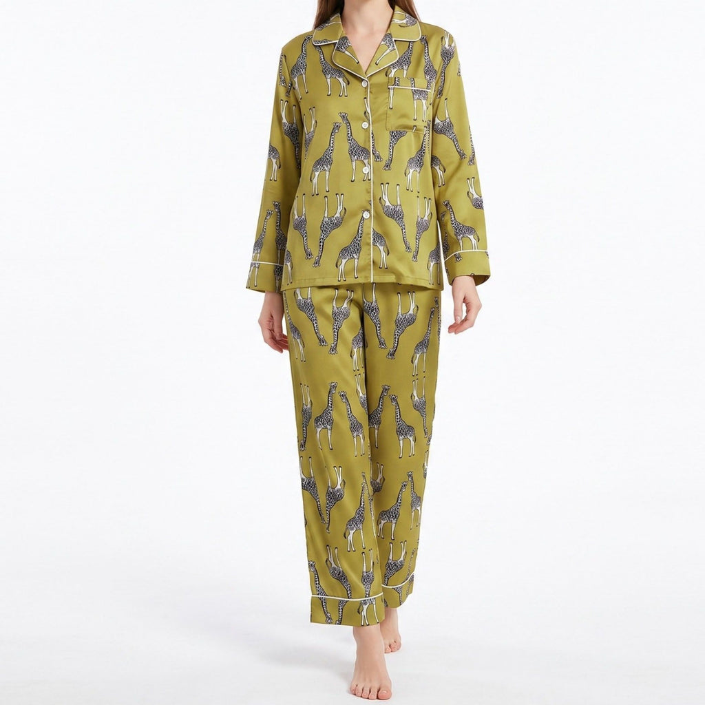 Giraffe Print 2 Piece Pajama Set with Long Sleeve Button Down Top and Pants