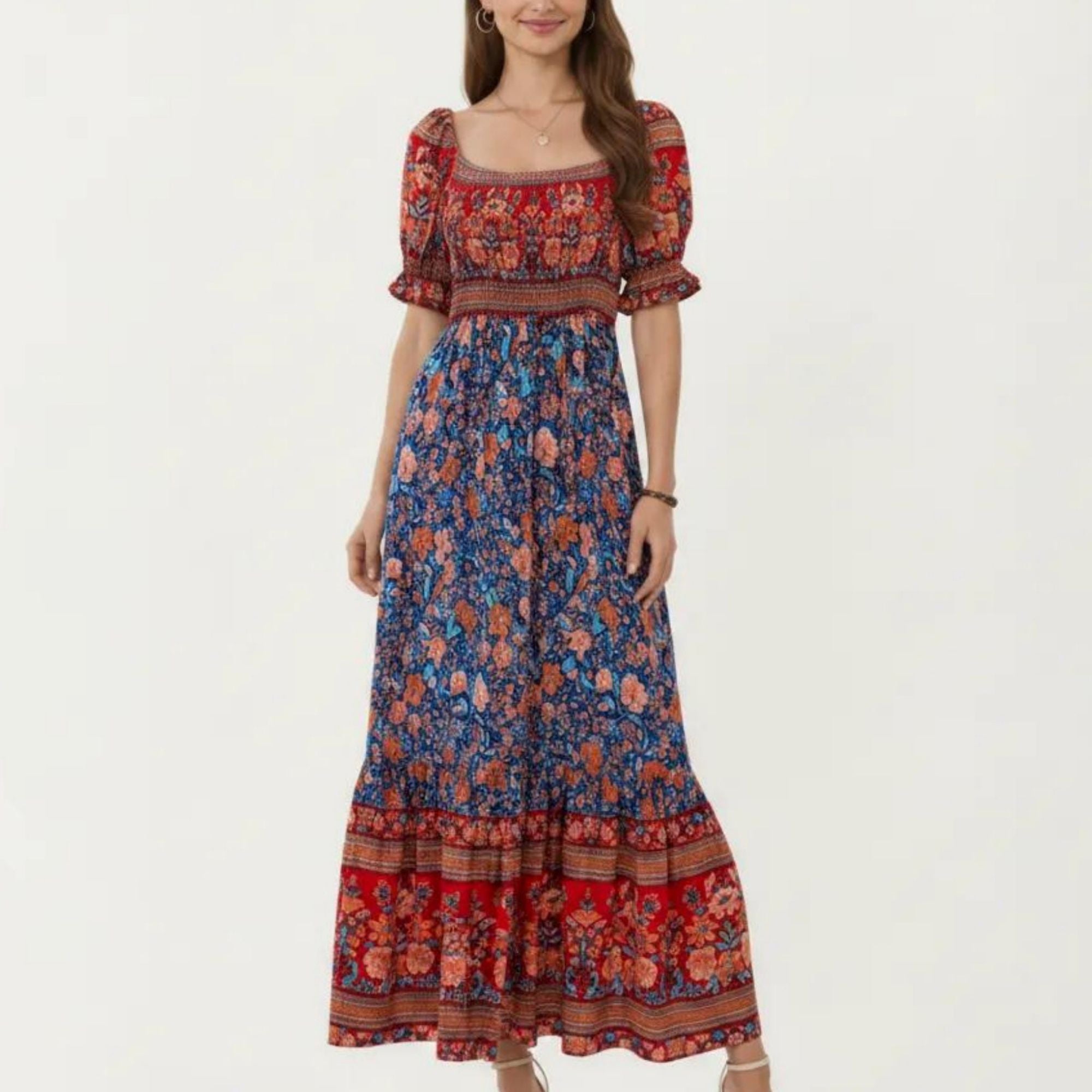 Anna-Kaci Women's Puff Sleeve Maxi Dress with Mixed Floral Print and Border Hem