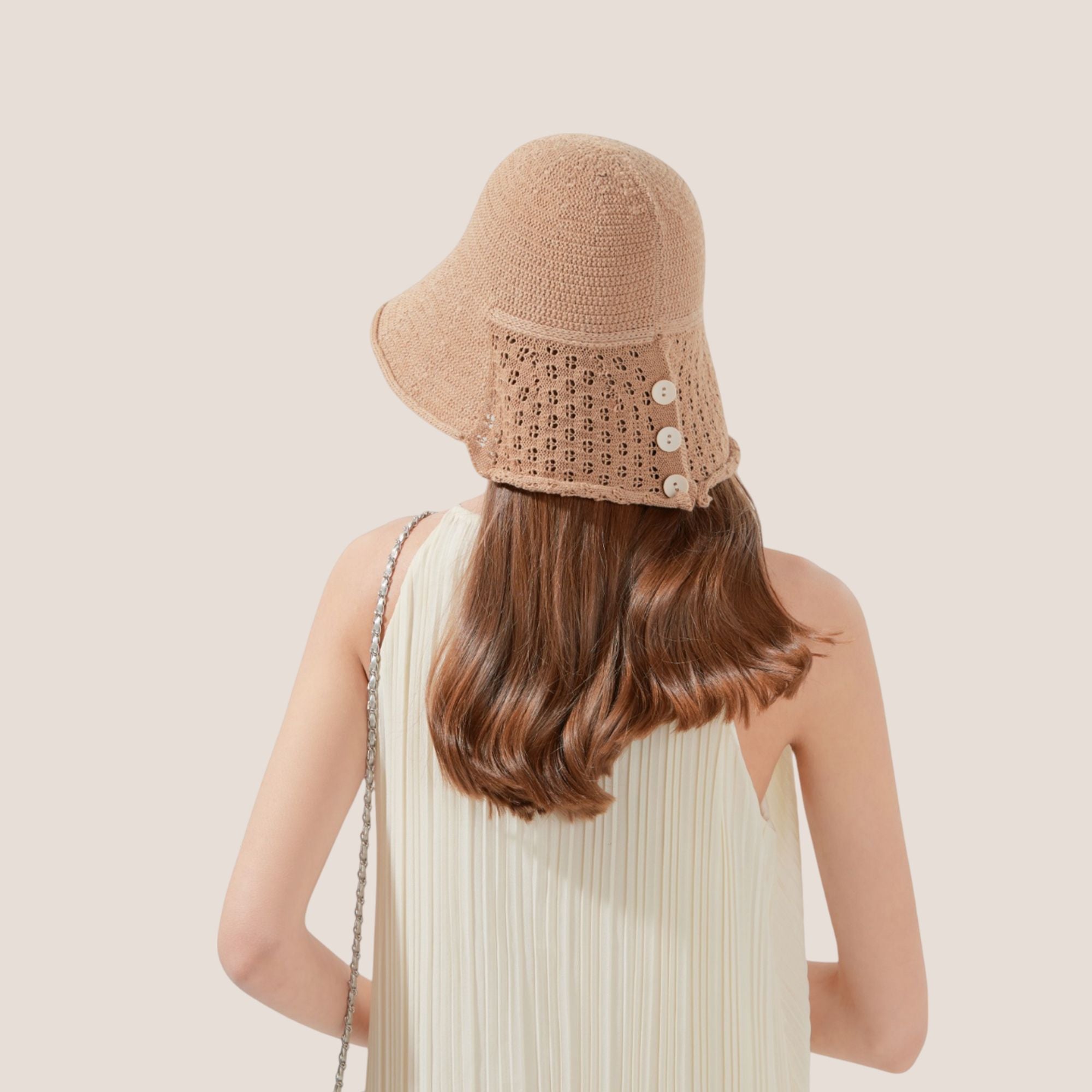 Anna-Kaci Crochet Bucket Hat with Adjustable Chin Strap and Back Button Eyelet Panel for Sun Protection