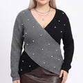 Plus Size Faux Pearl Colorblock Wrap Front Sweater