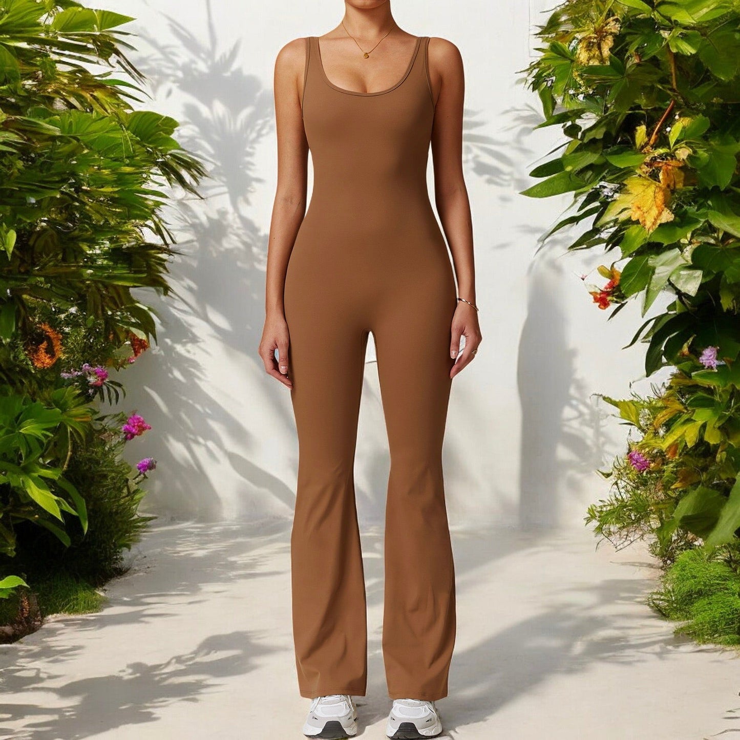 Seamless Flared Bodysuit with Scoop Neck for Activewear