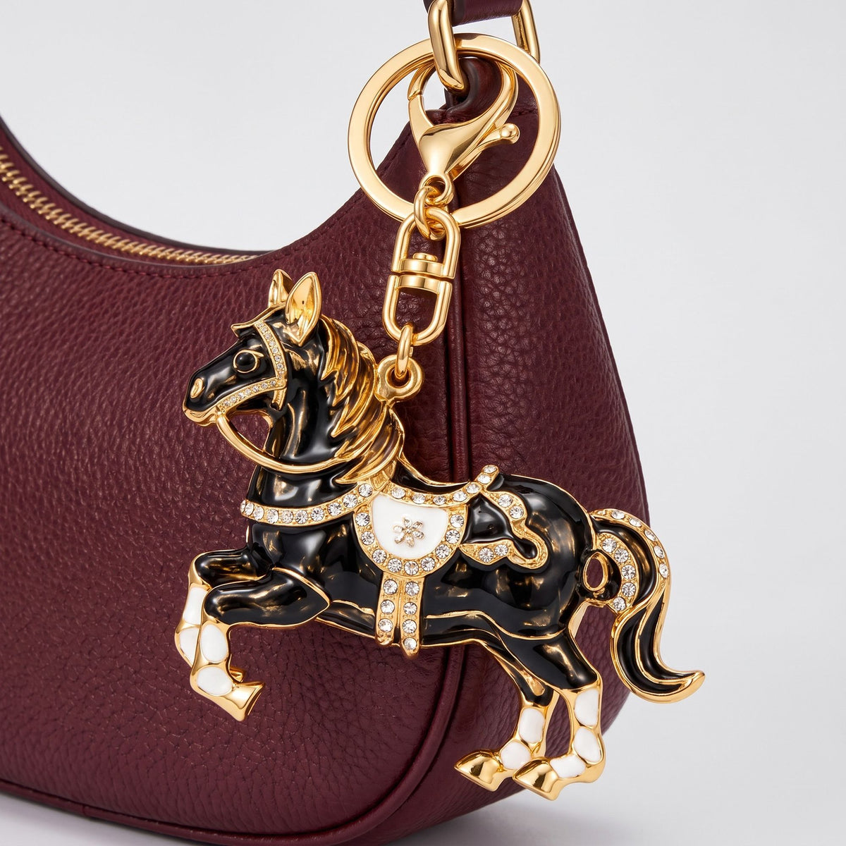 Horse Rhinestone Keychain Bag Charm with Gold Tone Clasp and Key Ring