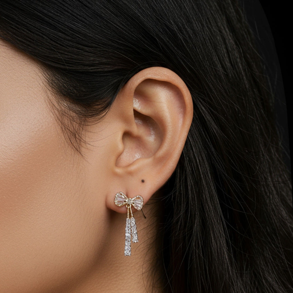 Elegant Bow Drop Earrings with Sparkling Tapered Accents and Delicate Dangling Strands for a Refined Feminine Statement Look