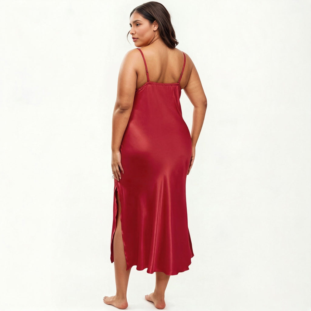 Anna-Kaci Lounge Women's Plus Size Satin Chemise Nightgown with Lace Trim Neckline Adjustable Straps Side Slit Slip Dress