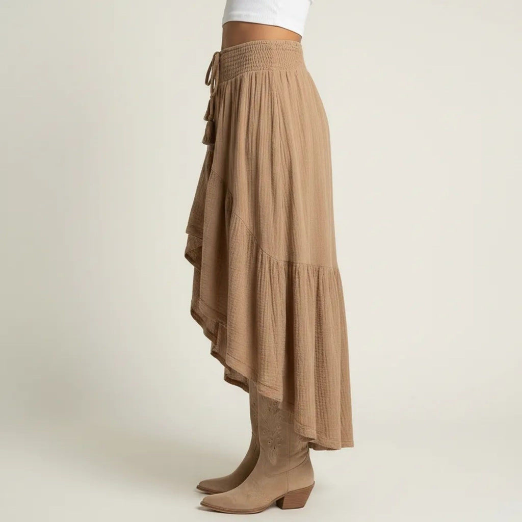 Anna-Kaci Women's High Low Maxi Skirt Smocked Waist Tassel Tie Flowy Tiered Boho Casual Skirt