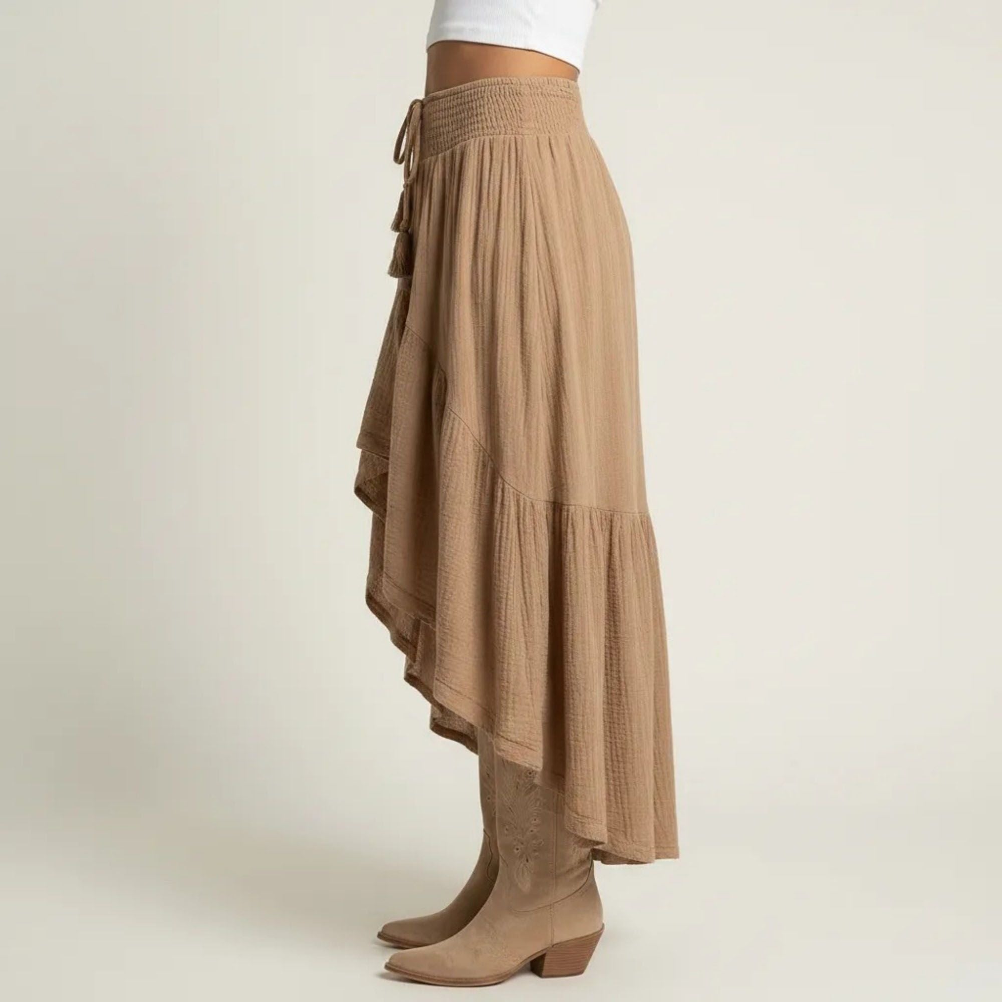 Anna-Kaci Women's High Low Maxi Skirt Smocked Waist Tassel Tie Flowy Tiered Boho Casual Skirt