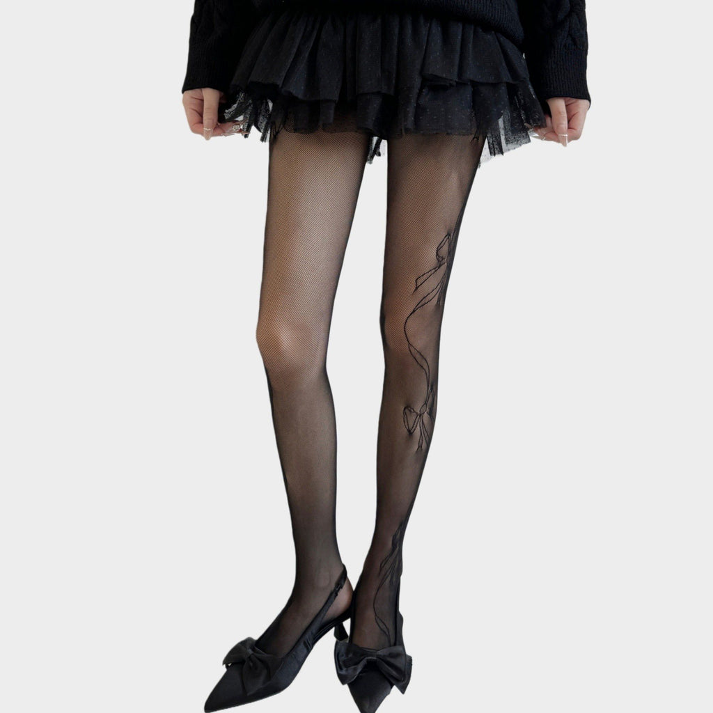 Anna-Kaci Women's Sheer Bow Line Pattern Tights with Soft Stretch Mesh, Delicate Ribbon Artwork, and Smooth Knit Finish One Size Fits Most