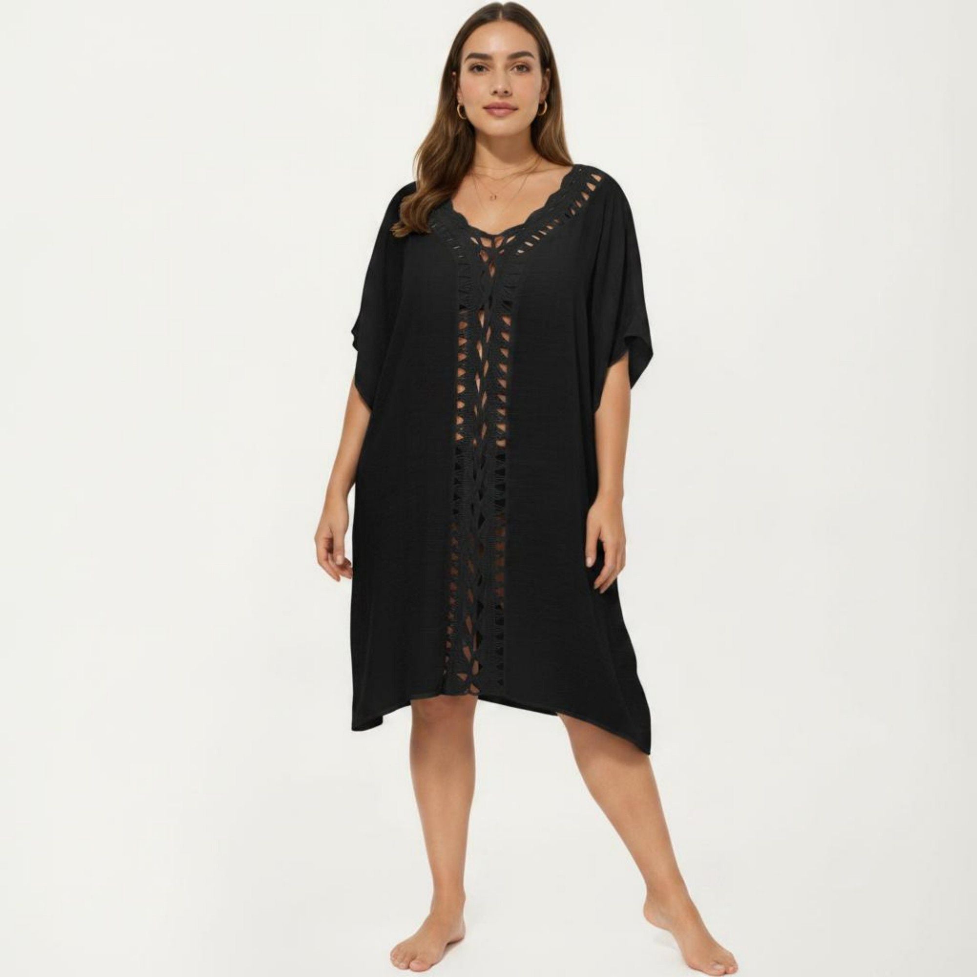 Anna-Kaci Women's Swim Cover Up Kaftan Dress with Crochet Cutout Trim Loose Short Sleeves Relaxed Midi Fit