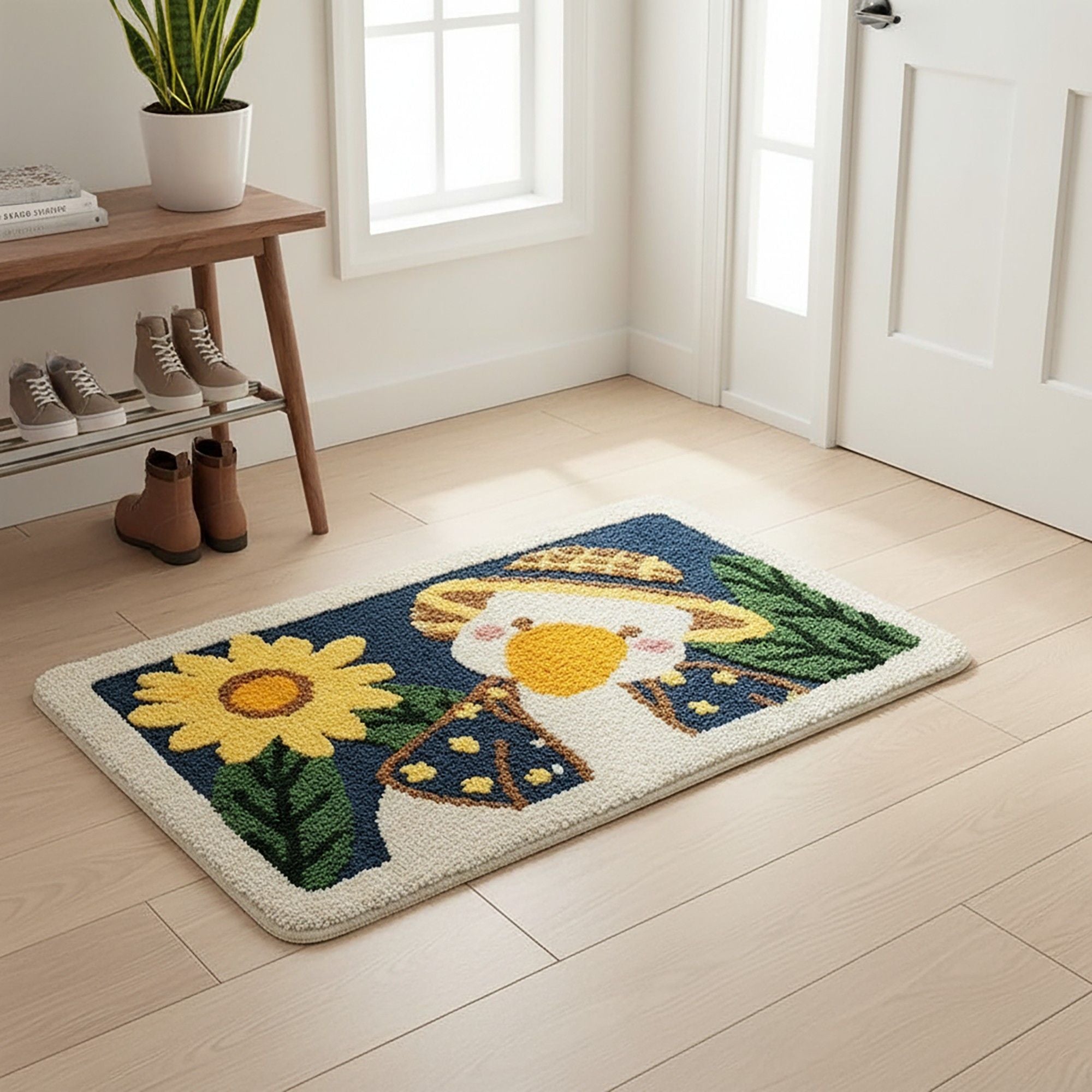 Tufted Floor Mat with Cute Animal and Sunflower Design Non Slip Backing Soft Plush Decorative Rug
