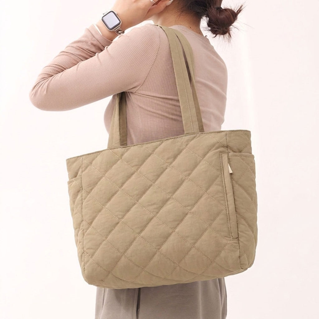 Quilted Tote Bag with Zipper Pockets and Water Resistant Fabric