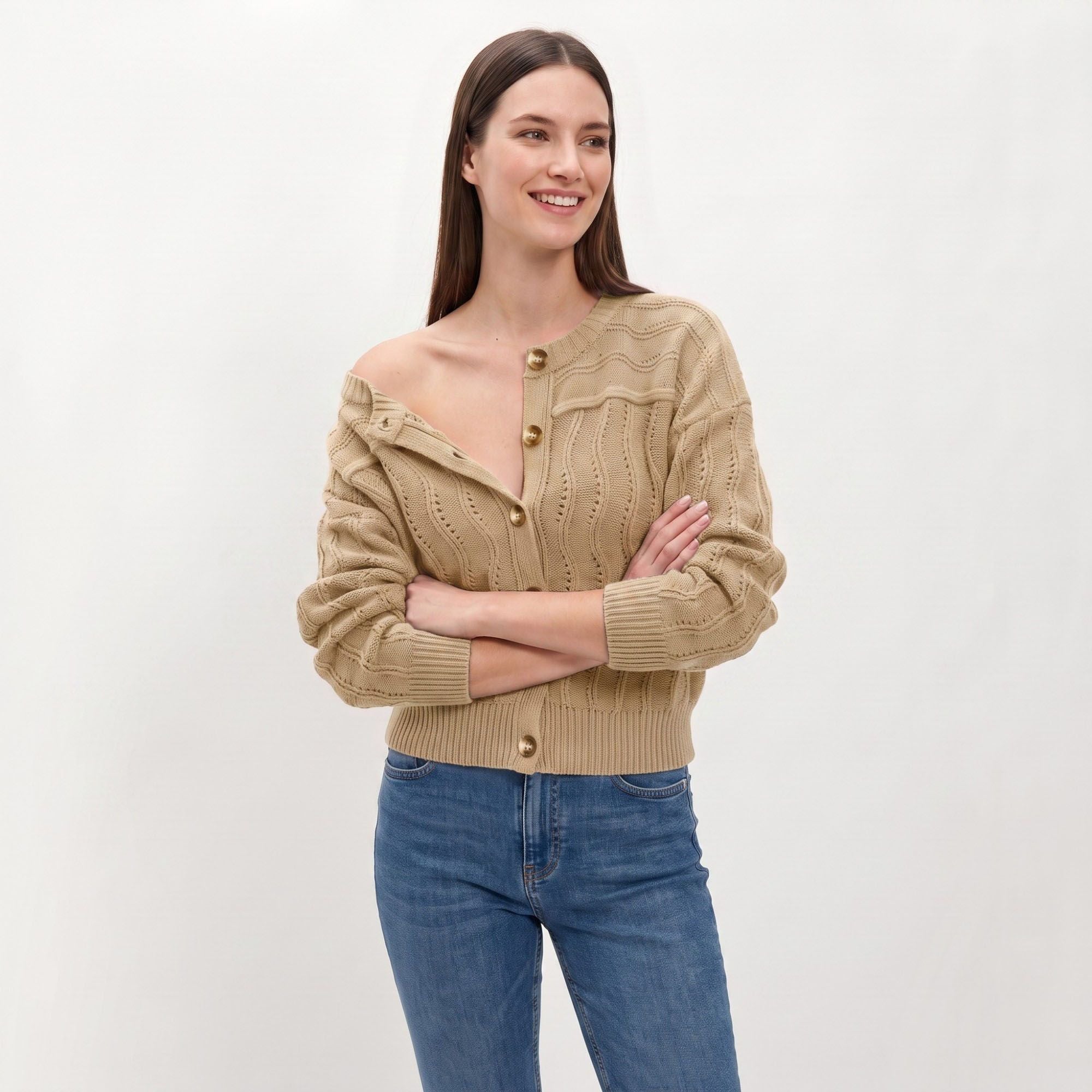 Wavy Pointelle Button-Front Long Sleeve Knit Cardigan