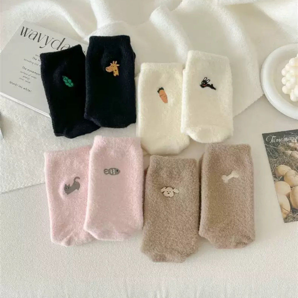 Anna-Kaci Women's 3-Pair Fuzzy Crew Sock Set with Cute Embroidery US 5¨C10