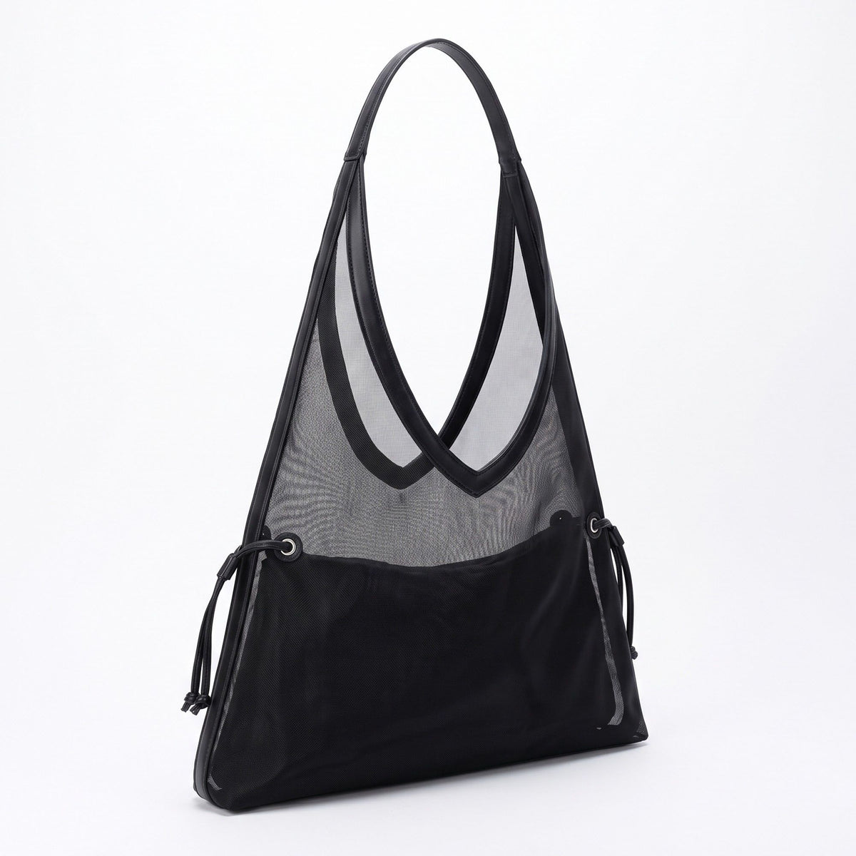 Large Mesh Hobo Shoulder Bag with Front Pocket and Drawstring Side Detail