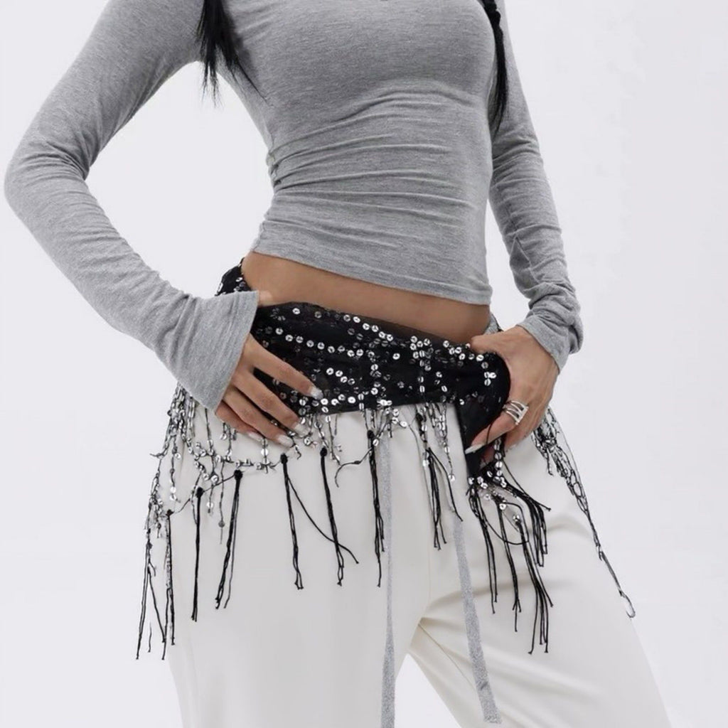 Anna-Kaci Women's Sheer Mesh Sequin Fringe Hip Scarf Belt Wrap with Asymmetrical Hem 59in