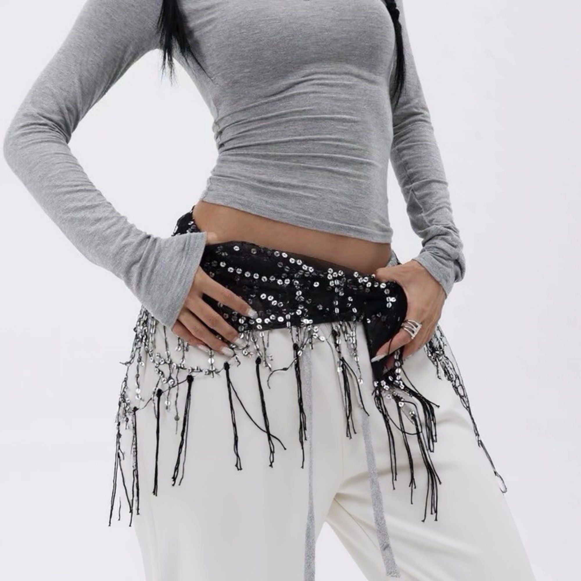 Anna-Kaci Women's Sheer Mesh Sequin Fringe Hip Scarf Belt Wrap with Asymmetrical Hem 59in