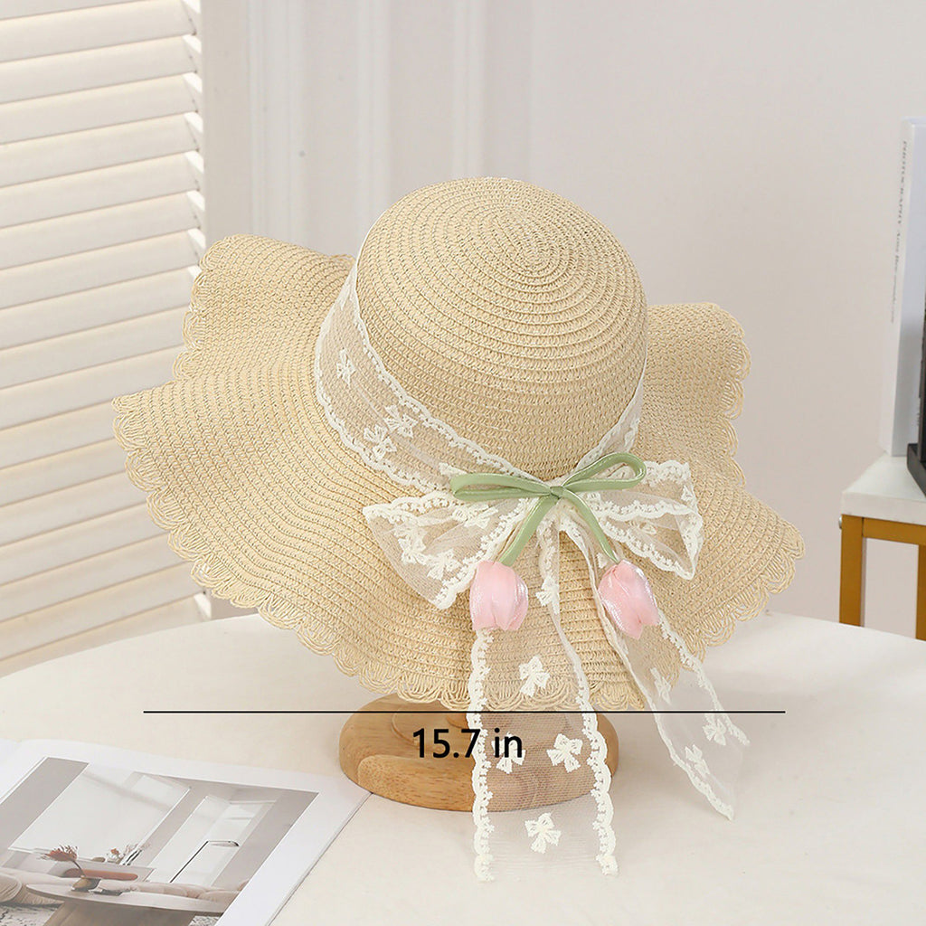 Wide Brim Straw Sun Hat with Scalloped Edge Lace Bow and Floral Accent