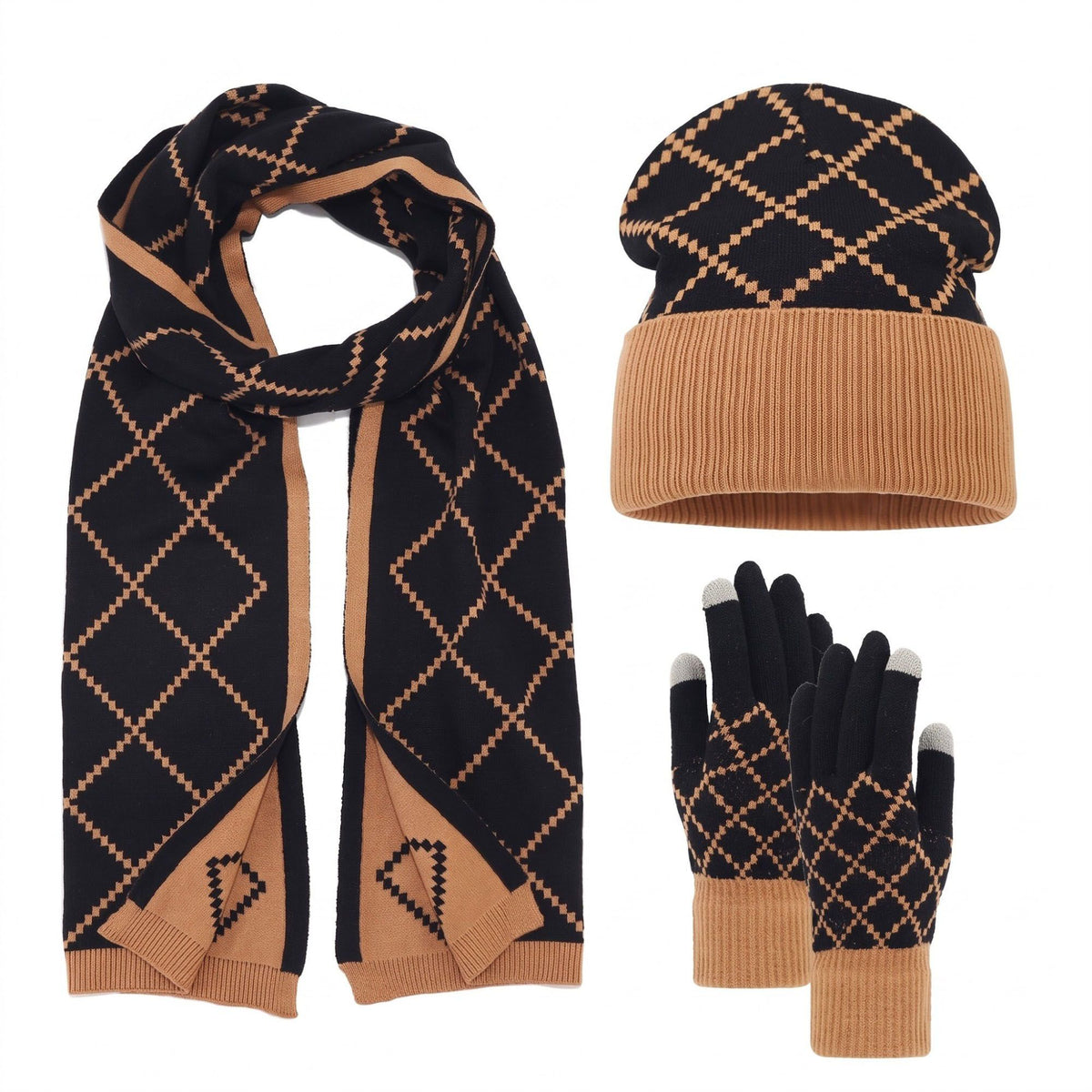 3 Piece Argyle Beanie Scarf and Touchscreen Gloves Winter Set