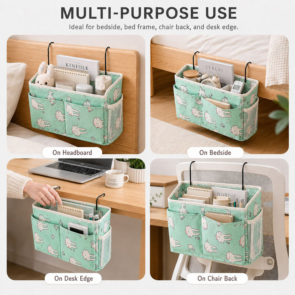 Hanging Bedside Storage Caddy Bunny Print Organizer with Hooks and Multiple Pockets