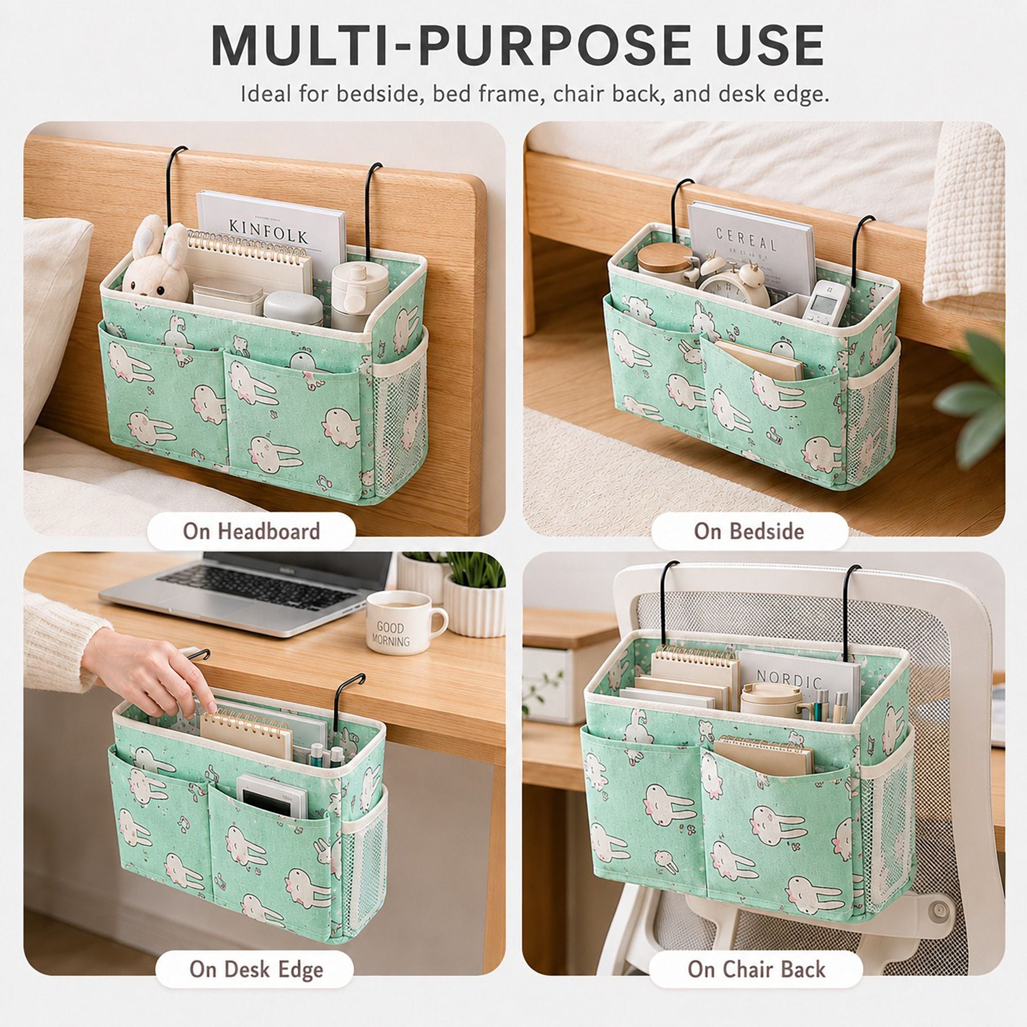 Hanging Bedside Storage Caddy Bunny Print Organizer with Hooks and Multiple Pockets