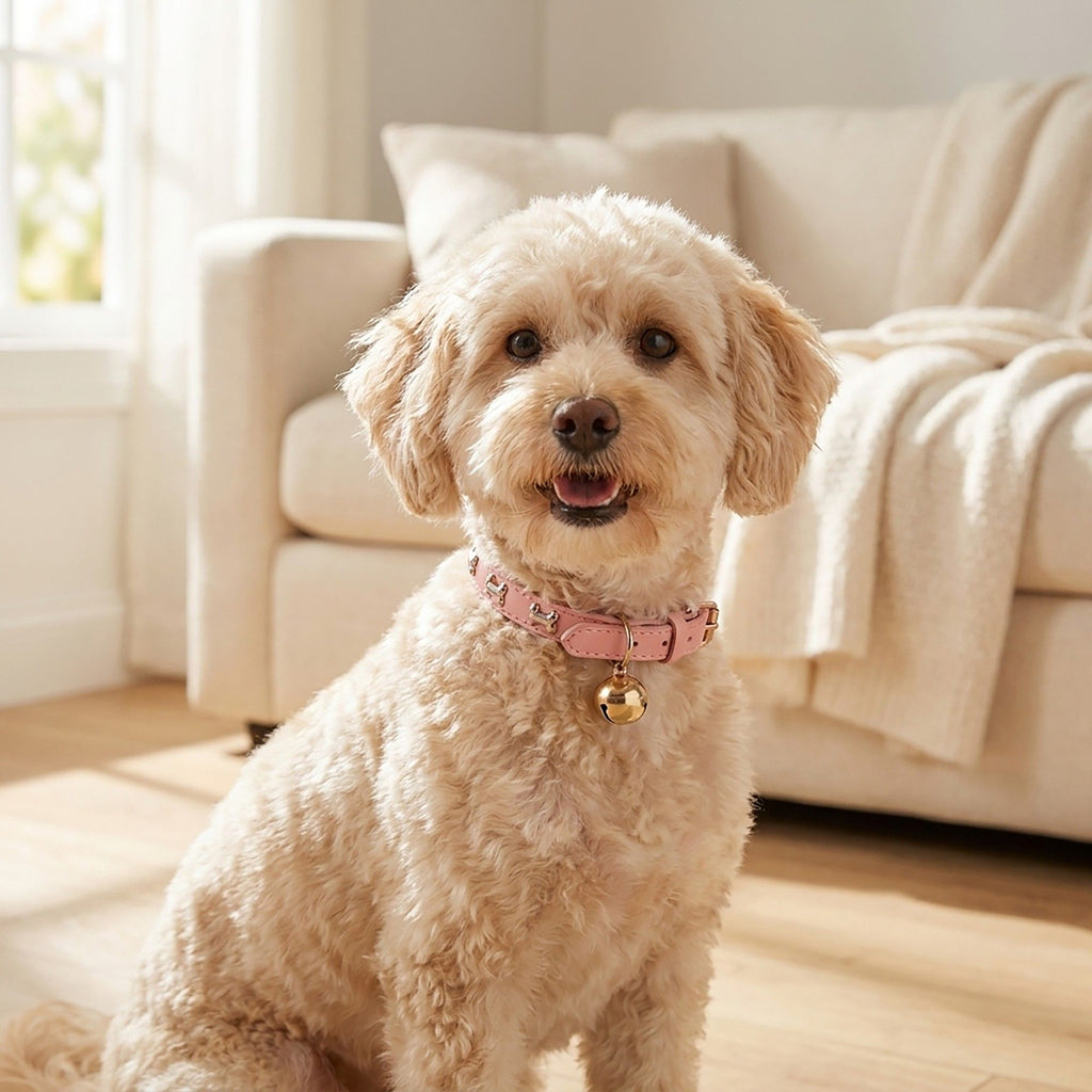 Adjustable Dog & Cat Collar with Paw Print Decoration and Bell Soft PU Leather