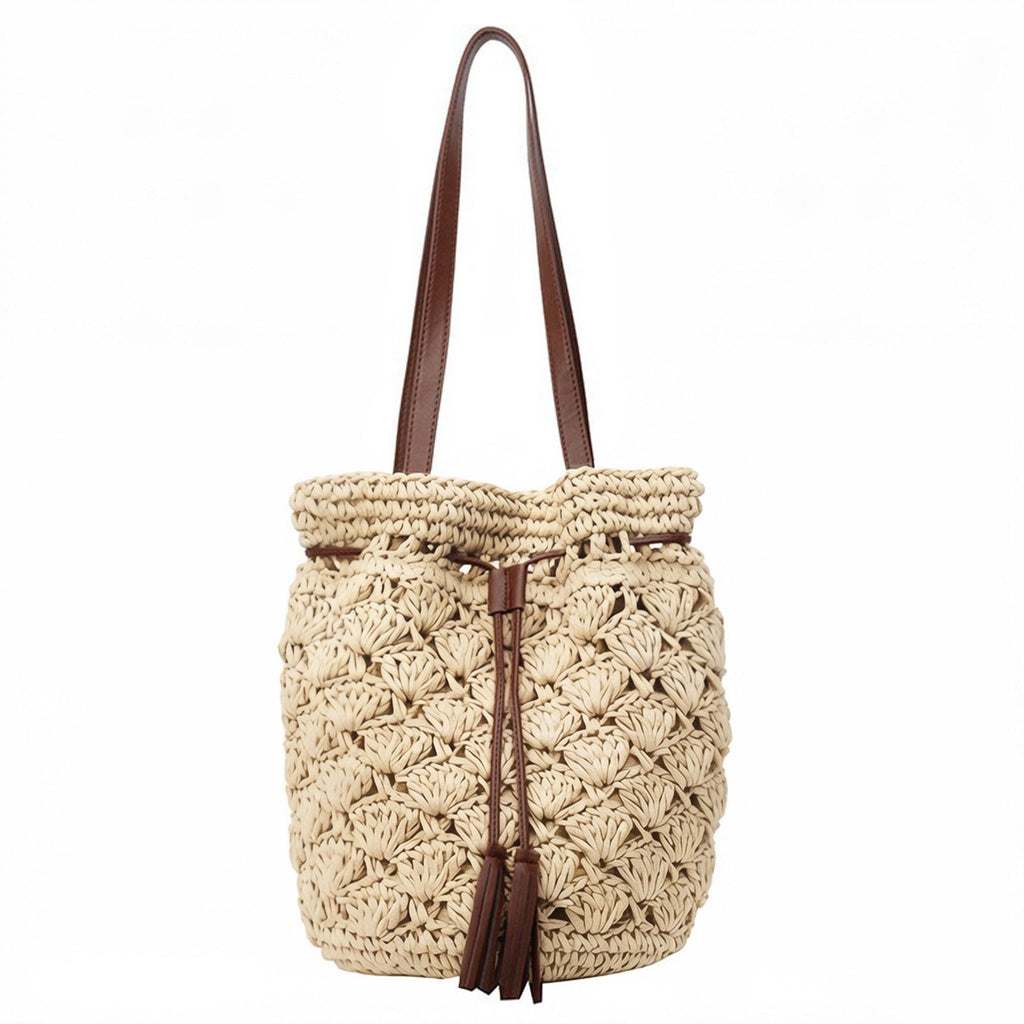 Woven Bucket Shoulder Bag with Drawstring Closure Faux Leather Strap Tassel Detail Lightweight Handbag