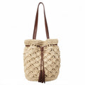 Woven Bucket Shoulder Bag with Drawstring Closure Faux Leather Strap Tassel Detail Lightweight Handbag
