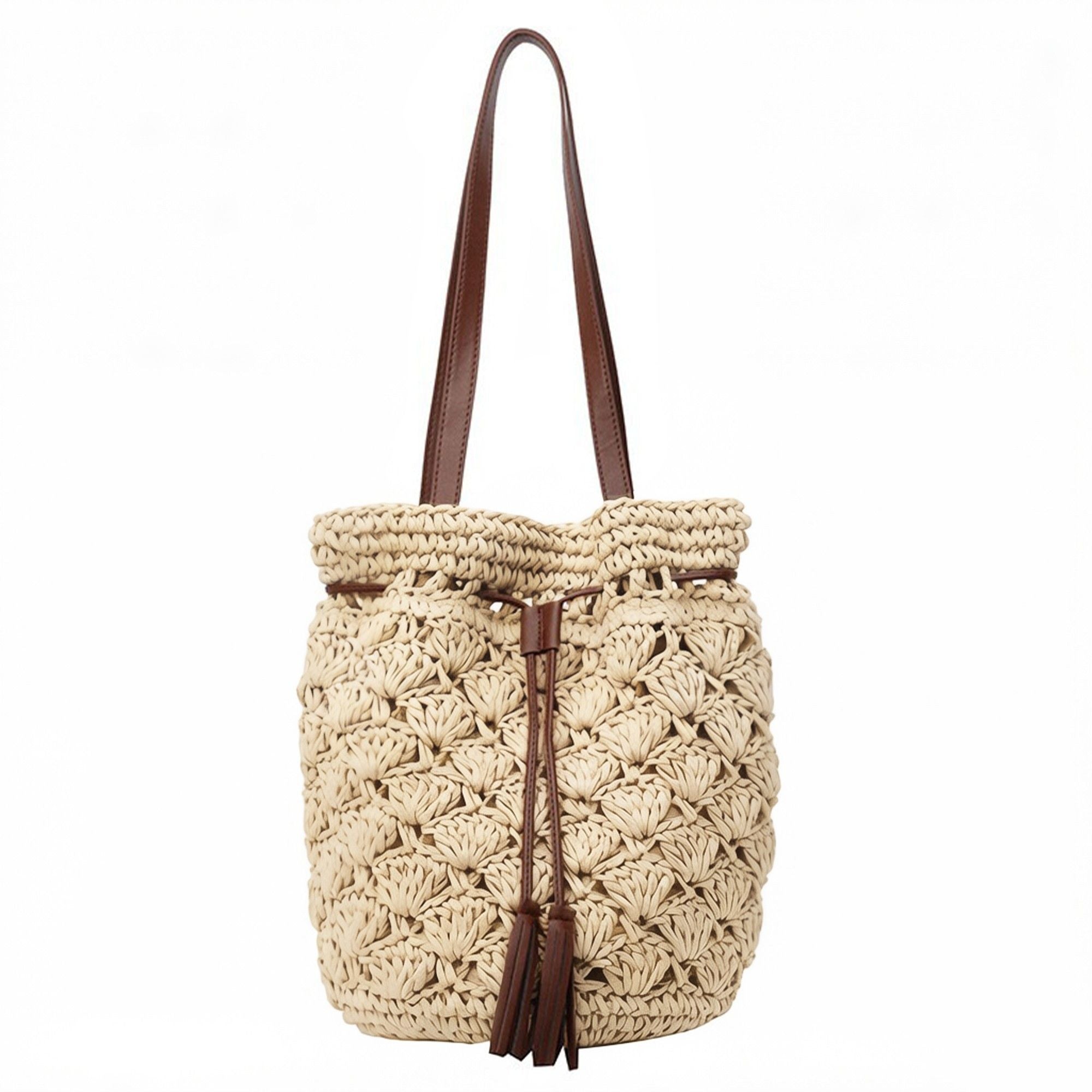 Woven Bucket Shoulder Bag with Drawstring Closure Faux Leather Strap Tassel Detail Lightweight Handbag