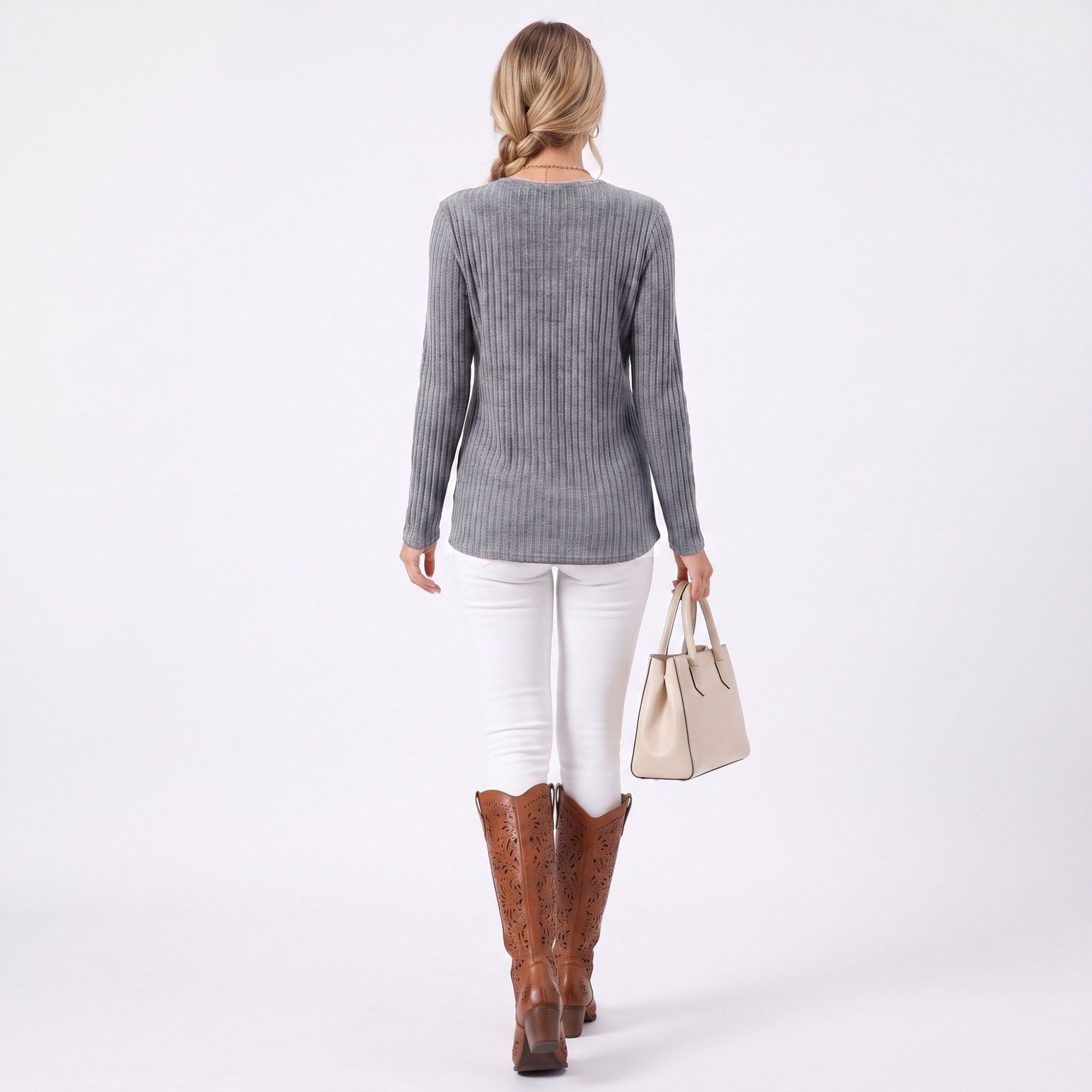 Ribbed Crew Neck Side Slit Long Sleeve Tunic Top
